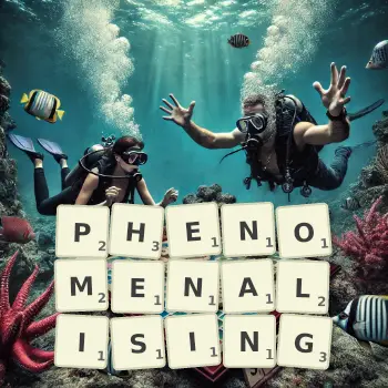 Creative illustration for a Scrabble game with the word PHENOMENALISING spelled out in tiles on the board.