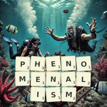 Creative illustration for a Scrabble game with the word PHENOMENALISM spelled out in tiles on the board.
