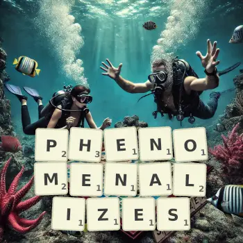 Creative illustration for a Scrabble game with the word PHENOMENALIZES spelled out in tiles on the board.