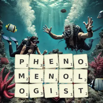 Creative illustration for a Scrabble game with the word PHENOMENOLOGIST spelled out in tiles on the board.