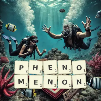 Creative illustration for a Scrabble game with the word PHENOMENON spelled out in tiles on the board.