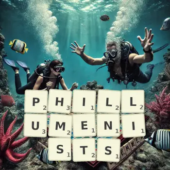 Creative illustration for a Scrabble game with the word PHILLUMENISTS spelled out in tiles on the board.