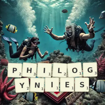 Creative illustration for a Scrabble game with the word PHILOGYNIES spelled out in tiles on the board.