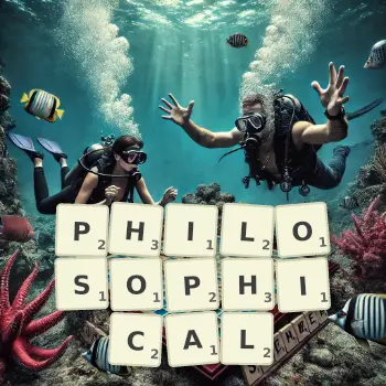 Creative illustration for a Scrabble game with the word PHILOSOPHICAL spelled out in tiles on the board.