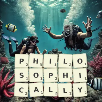 Creative illustration for a Scrabble game with the word PHILOSOPHICALLY spelled out in tiles on the board.