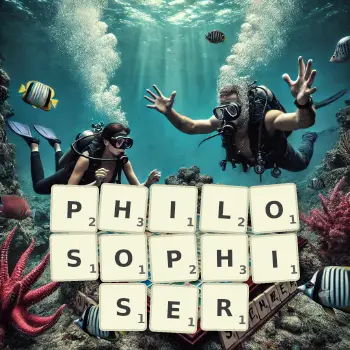 Creative illustration for a Scrabble game with the word PHILOSOPHISER spelled out in tiles on the board.