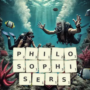 Creative illustration for a Scrabble game with the word PHILOSOPHISERS spelled out in tiles on the board.