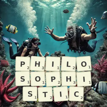 Creative illustration for a Scrabble game with the word PHILOSOPHISTIC spelled out in tiles on the board.