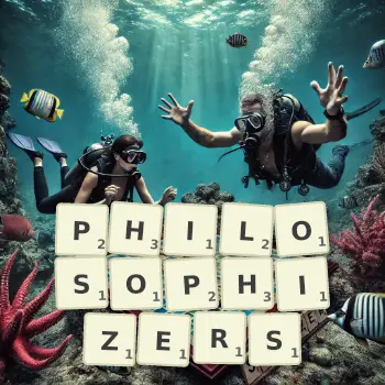 Creative illustration for a Scrabble game with the word PHILOSOPHIZERS spelled out in tiles on the board.