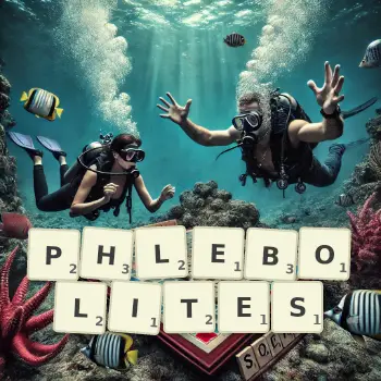 Creative illustration for a Scrabble game with the word PHLEBOLITES spelled out in tiles on the board.