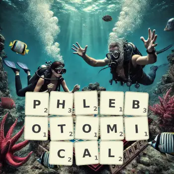 Creative illustration for a Scrabble game with the word PHLEBOTOMICAL spelled out in tiles on the board.