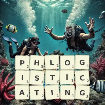Creative illustration for a Scrabble game with the word PHLOGISTICATING spelled out in tiles on the board.