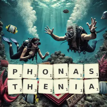 Creative illustration for a Scrabble game with the word PHONASTHENIA spelled out in tiles on the board.