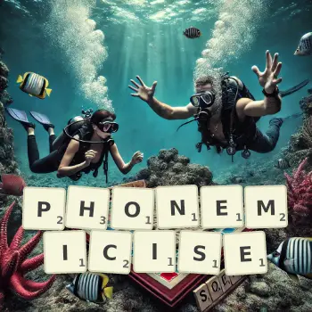 Creative illustration for a Scrabble game with the word PHONEMICISE spelled out in tiles on the board.