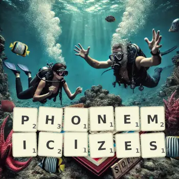 Creative illustration for a Scrabble game with the word PHONEMICIZES spelled out in tiles on the board.