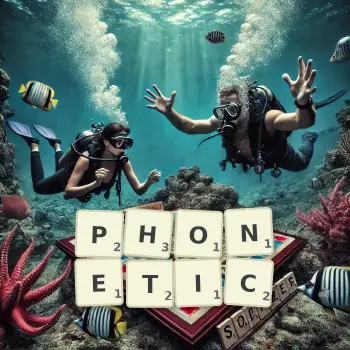 Creative illustration for a Scrabble game with the word PHONETIC spelled out in tiles on the board.