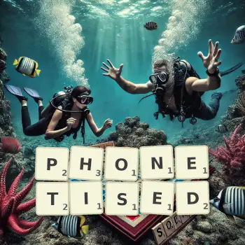 Creative illustration for a Scrabble game with the word PHONETISED spelled out in tiles on the board.