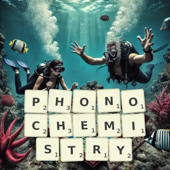 Creative illustration for a Scrabble game with the word PHONOCHEMISTRY spelled out in tiles on the board.