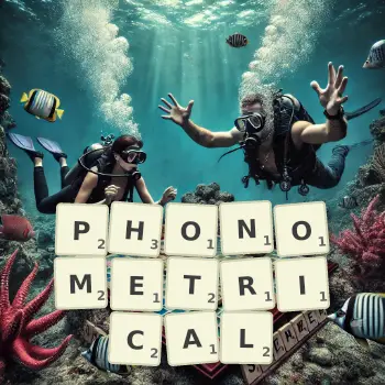 Creative illustration for a Scrabble game with the word PHONOMETRICAL spelled out in tiles on the board.