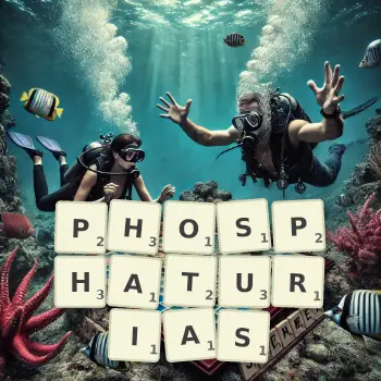 Creative illustration for a Scrabble game with the word PHOSPHATURIAS spelled out in tiles on the board.