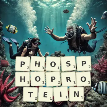 Creative illustration for a Scrabble game with the word PHOSPHOPROTEIN spelled out in tiles on the board.