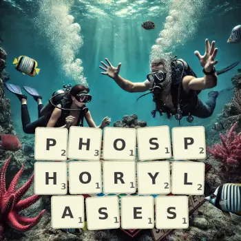 Creative illustration for a Scrabble game with the word PHOSPHORYLASES spelled out in tiles on the board.
