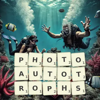 Creative illustration for a Scrabble game with the word PHOTOAUTOTROPHS spelled out in tiles on the board.