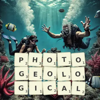 Creative illustration for a Scrabble game with the word PHOTOGEOLOGICAL spelled out in tiles on the board.