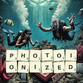 Creative illustration for a Scrabble game with the word PHOTOIONIZED spelled out in tiles on the board.