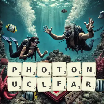 Creative illustration for a Scrabble game with the word PHOTONUCLEAR spelled out in tiles on the board.