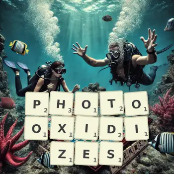 Creative illustration for a Scrabble game with the word PHOTOOXIDIZES spelled out in tiles on the board.