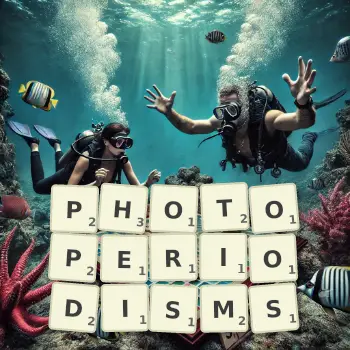 Creative illustration for a Scrabble game with the word PHOTOPERIODISMS spelled out in tiles on the board.