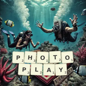 Creative illustration for a Scrabble game with the word PHOTOPLAY spelled out in tiles on the board.