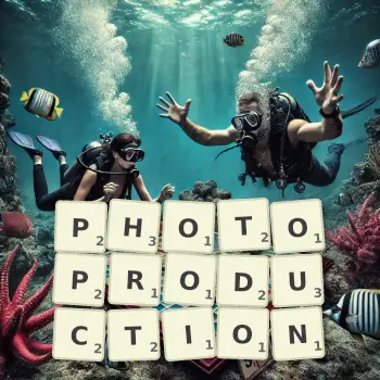 Creative illustration for a Scrabble game with the word PHOTOPRODUCTION spelled out in tiles on the board.