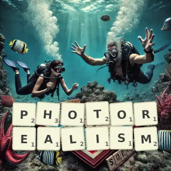 Creative illustration for a Scrabble game with the word PHOTOREALISM spelled out in tiles on the board.