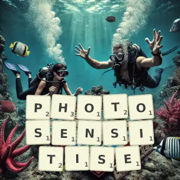 Creative illustration for a Scrabble game with the word PHOTOSENSITISE spelled out in tiles on the board.