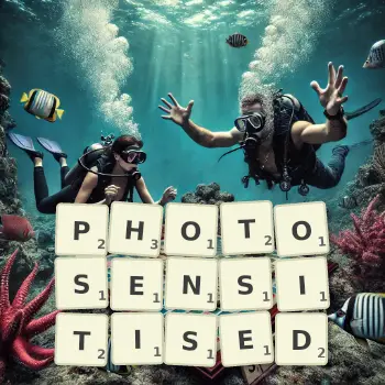Creative illustration for a Scrabble game with the word PHOTOSENSITISED spelled out in tiles on the board.