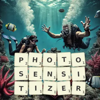 Creative illustration for a Scrabble game with the word PHOTOSENSITIZER spelled out in tiles on the board.