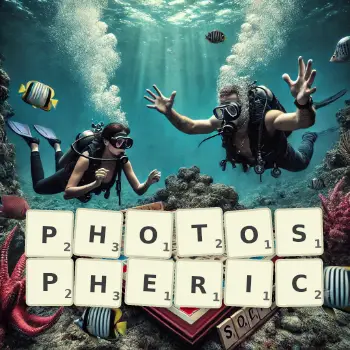 Creative illustration for a Scrabble game with the word PHOTOSPHERIC spelled out in tiles on the board.