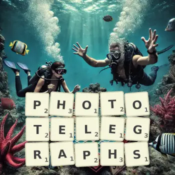 Creative illustration for a Scrabble game with the word PHOTOTELEGRAPHS spelled out in tiles on the board.
