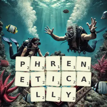 Creative illustration for a Scrabble game with the word PHRENETICALLY spelled out in tiles on the board.