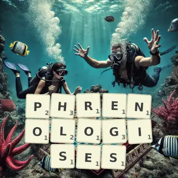 Creative illustration for a Scrabble game with the word PHRENOLOGISES spelled out in tiles on the board.