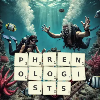 Creative illustration for a Scrabble game with the word PHRENOLOGISTS spelled out in tiles on the board.