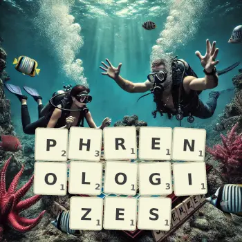 Creative illustration for a Scrabble game with the word PHRENOLOGIZES spelled out in tiles on the board.