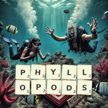 Creative illustration for a Scrabble game with the word PHYLLOPODS spelled out in tiles on the board.