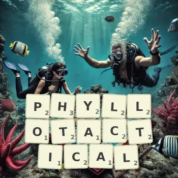 Creative illustration for a Scrabble game with the word PHYLLOTACTICAL spelled out in tiles on the board.