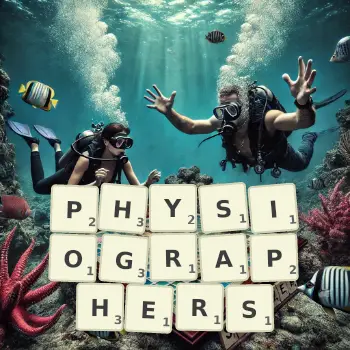 Creative illustration for a Scrabble game with the word PHYSIOGRAPHERS spelled out in tiles on the board.