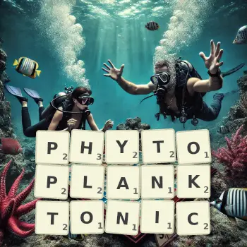 Creative illustration for a Scrabble game with the word PHYTOPLANKTONIC spelled out in tiles on the board.