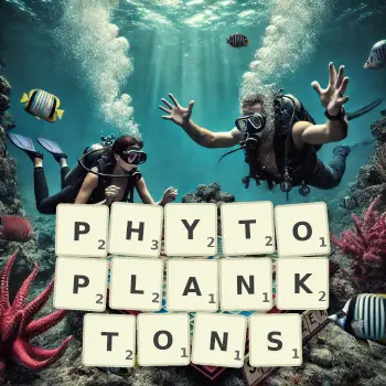 Creative illustration for a Scrabble game with the word PHYTOPLANKTONS spelled out in tiles on the board.