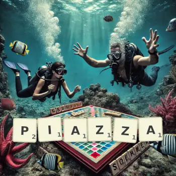 Creative illustration for a Scrabble game with the word PIAZZA spelled out in tiles on the board.